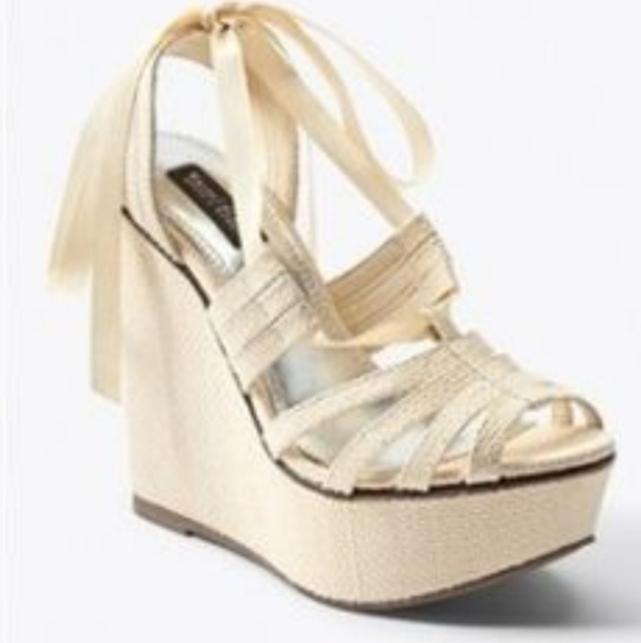 White House Black Market Shoes - White House Black Market Cream Strappy Tori Wedge Sandals, Size 8.5